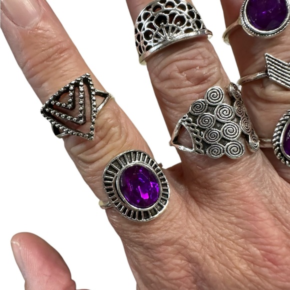 Silver and Purple 9 Piece Ring Set - Picture 2 of 8